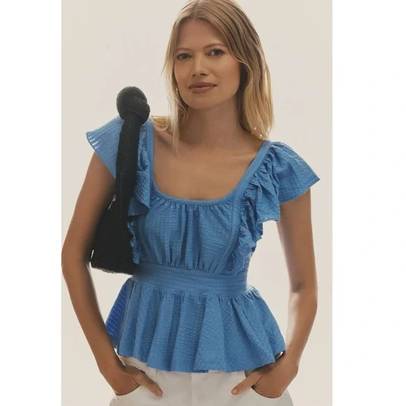 ANTHROPOLOGIE Maeve Boho Ruffled Peplum Open-Back Cottage Top XL - Picture 2 of 6